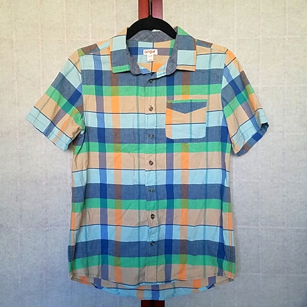 Cat & Jack Blue/green/orange plaid short-sleeved button down shirt Kid's size XL